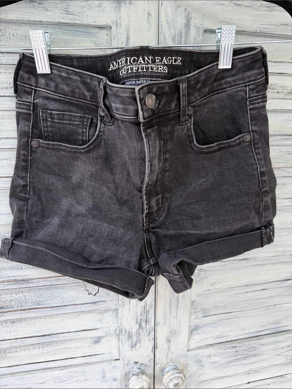 American Eagle Outfitters Black Rolled-Hem Denim Super High-Rise Shorties Sz. 4